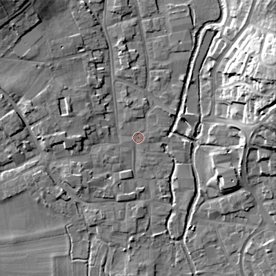 Shaded relief map of the ground around BH211JA, computed from Environment Agency LiDAR. The ground here sits at about 19 m above sea level and falls 20 m across the surrounding 800 m. Surface water reaching this point runs off ground lying to the north-west, 12.6 m higher.