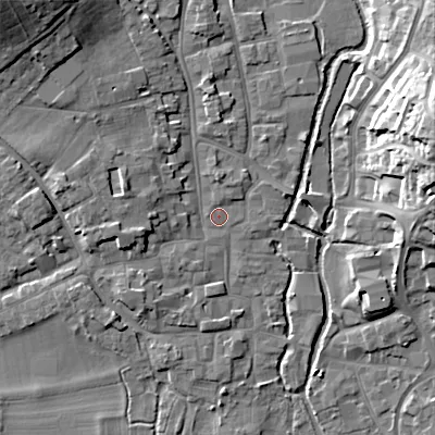 Shaded relief map of the ground around BH211JE, computed from Environment Agency LiDAR. The ground here sits at about 19 m above sea level and falls 19 m across the surrounding 800 m. Surface water reaching this point runs off ground lying to the north-west, 14.2 m higher.