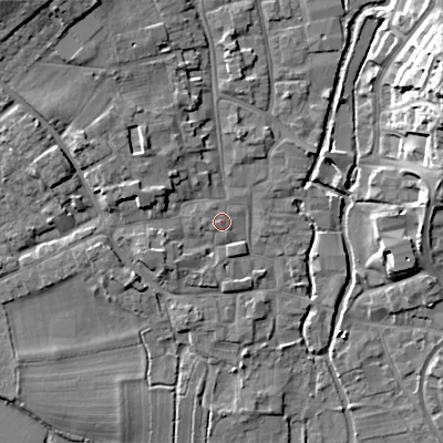 Shaded relief map of the ground around BH211JH, computed from Environment Agency LiDAR. The ground here sits at about 20 m above sea level and falls 17 m across the surrounding 800 m. Surface water reaching this point runs off ground lying to the west, 1.1 m higher.