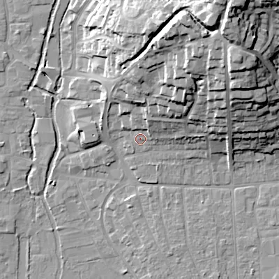 Shaded relief map of the ground around BH211JJ, computed from Environment Agency LiDAR. The ground here sits at about 20 m above sea level and falls 35 m across the surrounding 800 m. Surface water reaching this point runs off ground lying to the north-east, 15.7 m higher.