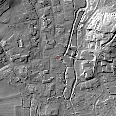 Shaded relief map of the ground around BH211JQ, computed from Environment Agency LiDAR. The ground here sits at about 19 m above sea level and falls 23 m across the surrounding 800 m. Surface water reaching this point runs off ground lying to the north-east, 1.1 m higher.