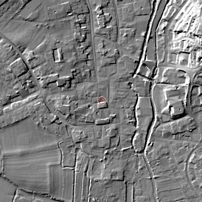 Shaded relief map of the ground around BH211LB, computed from Environment Agency LiDAR. The ground here sits at about 19 m above sea level and falls 18 m across the surrounding 800 m. Surface water reaching this point runs off ground lying to the west, 3.3 m higher.