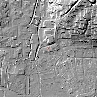Shaded relief map of the ground around BH211LD, computed from Environment Agency LiDAR. The ground here sits at about 19 m above sea level and falls 33 m across the surrounding 800 m. Surface water reaching this point runs off ground lying to the north, 3.6 m higher.