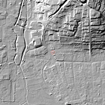 Shaded relief map of the ground around BH211LE, computed from Environment Agency LiDAR. The ground here sits at about 19 m above sea level and falls 33 m across the surrounding 800 m. Surface water reaching this point runs off ground lying to the north-east, 30.8 m higher.