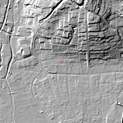 Shaded relief map of the ground around BH211LG, computed from Environment Agency LiDAR. The ground here sits at about 19 m above sea level and falls 34 m across the surrounding 800 m. Surface water reaching this point runs off ground lying to the north-north-east, 7.0 m higher.