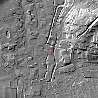 Shaded relief map of the ground around BH211LJ, computed from Environment Agency LiDAR. The ground here sits at about 18 m above sea level and falls 27 m across the surrounding 800 m. Surface water reaching this point runs off ground lying to the north-east, 1.0 m higher.