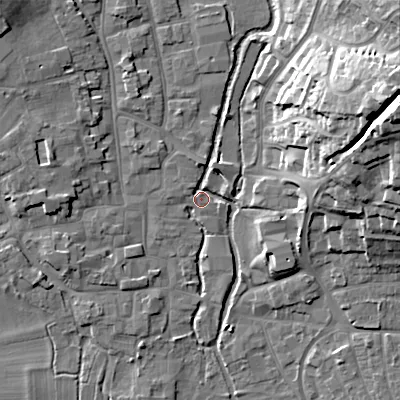 Shaded relief map of the ground around BH211LN, computed from Environment Agency LiDAR. The ground here sits at about 19 m above sea level and falls 27 m across the surrounding 800 m. Surface water reaching this point runs off ground lying to the north-north-west, 4.6 m higher.