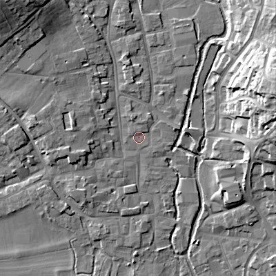 Shaded relief map of the ground around BH211LP, computed from Environment Agency LiDAR. The ground here sits at about 19 m above sea level and falls 20 m across the surrounding 800 m. Surface water reaching this point runs off ground lying to the north, 1.0 m higher.