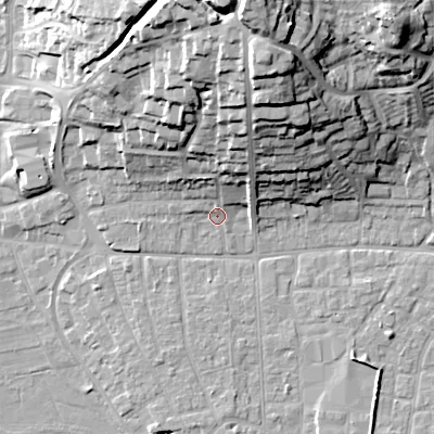 Shaded relief map of the ground around BH211LQ, computed from Environment Agency LiDAR. The ground here sits at about 19 m above sea level and falls 33 m across the surrounding 800 m. Surface water reaching this point runs off ground lying to the north-north-east, 12.5 m higher.