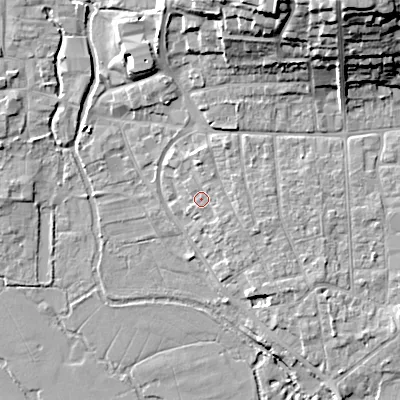 Shaded relief map of the ground around BH211LS, computed from Environment Agency LiDAR. The ground here sits at about 19 m above sea level and falls 23 m across the surrounding 800 m. Surface water reaching this point runs off ground lying to the north, 1.3 m higher.