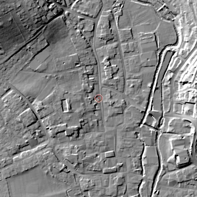 Shaded relief map of the ground around BH211LT, computed from Environment Agency LiDAR. The ground here sits at about 20 m above sea level and falls 22 m across the surrounding 800 m. Surface water reaching this point runs off ground lying to the north-west, 18.8 m higher.
