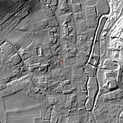 Shaded relief map of the ground around BH211LU, computed from Environment Agency LiDAR. The ground here sits at about 19 m above sea level and falls 19 m across the surrounding 800 m. Surface water reaching this point runs off ground lying to the north-west, 14.4 m higher.