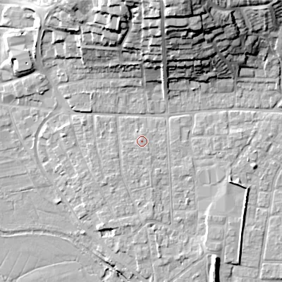 Shaded relief map of the ground around BH211LY, computed from Environment Agency LiDAR. The ground here sits at about 19 m above sea level and falls 28 m across the surrounding 800 m. Surface water reaching this point runs off ground lying to the west-south-west, 0.7 m higher.