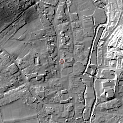 Shaded relief map of the ground around BH211NF, computed from Environment Agency LiDAR. The ground here sits at about 20 m above sea level and falls 20 m across the surrounding 800 m. Surface water reaching this point runs off ground lying to the north-west, 17.2 m higher.