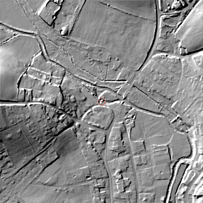 Shaded relief map of the ground around BH211NL, computed from Environment Agency LiDAR. The ground here sits at about 20 m above sea level and falls 23 m across the surrounding 800 m. Surface water reaching this point runs off ground lying to the west, 10.4 m higher.