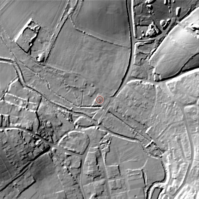 Shaded relief map of the ground around BH211NN, computed from Environment Agency LiDAR. The ground here sits at about 20 m above sea level and falls 20 m across the surrounding 800 m. Surface water reaching this point runs off ground lying to the north, 1.1 m higher.