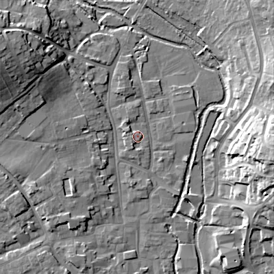 Shaded relief map of the ground around BH211PD, computed from Environment Agency LiDAR. The ground here sits at about 21 m above sea level and falls 20 m across the surrounding 800 m. Surface water reaching this point runs off ground lying to the north-west, 2.0 m higher.