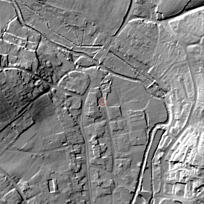 Shaded relief map of the ground around BH211PE, computed from Environment Agency LiDAR. The ground here sits at about 20 m above sea level and falls 20 m across the surrounding 800 m. Surface water reaching this point runs off ground lying to the west-south-west, 2.7 m higher.