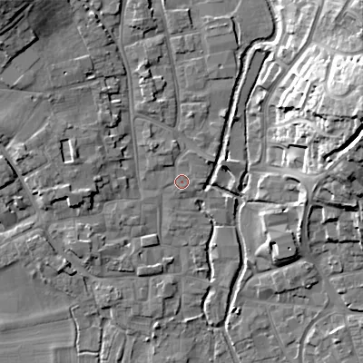 Shaded relief map of the ground around BH211PF, computed from Environment Agency LiDAR. The ground here sits at about 19 m above sea level and falls 23 m across the surrounding 800 m. Surface water reaching this point runs off ground lying to the north-north-west, 3.2 m higher.
