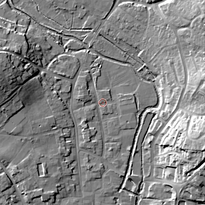Shaded relief map of the ground around BH211PL, computed from Environment Agency LiDAR. The ground here sits at about 20 m above sea level and falls 22 m across the surrounding 800 m. Surface water reaching this point runs off ground lying to the west-north-west, 2.9 m higher.