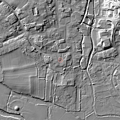 Shaded relief map of the ground around BH211PQ, computed from Environment Agency LiDAR. The ground here sits at about 19 m above sea level and falls 18 m across the surrounding 800 m. Surface water reaching this point runs off ground lying to the east-north-east, 0.7 m higher.