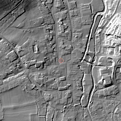 Shaded relief map of the ground around BH211PS, computed from Environment Agency LiDAR. The ground here sits at about 19 m above sea level and falls 18 m across the surrounding 800 m. Surface water reaching this point runs off ground lying to the north-west, 13.3 m higher.