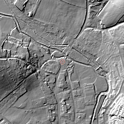 Shaded relief map of the ground around BH211PT, computed from Environment Agency LiDAR. The ground here sits at about 20 m above sea level and falls 20 m across the surrounding 800 m. Surface water reaching this point runs off ground lying to the south-west, 3.4 m higher.