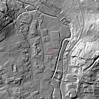 Shaded relief map of the ground around BH211PU, computed from Environment Agency LiDAR. The ground here sits at about 20 m above sea level and falls 25 m across the surrounding 800 m. Surface water reaching this point runs off ground lying to the south, 0.6 m higher.
