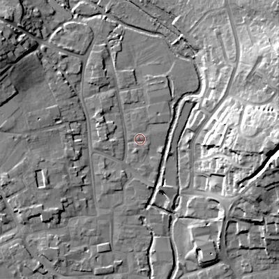 Shaded relief map of the ground around BH211PW, computed from Environment Agency LiDAR. The ground here sits at about 20 m above sea level and falls 25 m across the surrounding 800 m. Surface water reaching this point runs off ground lying to the north-west, 2.9 m higher.
