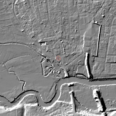 Shaded relief map of the ground around BH211PZ, computed from Environment Agency LiDAR. The ground here sits at about 19 m above sea level and falls 12 m across the surrounding 800 m. Surface water reaching this point runs off ground lying to the north-north-east, 1.4 m higher.