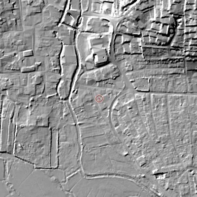 Shaded relief map of the ground around BH211QA, computed from Environment Agency LiDAR. The ground here sits at about 18 m above sea level and falls 28 m across the surrounding 800 m. Surface water reaching this point runs off ground lying to the north-east, 24.3 m higher.