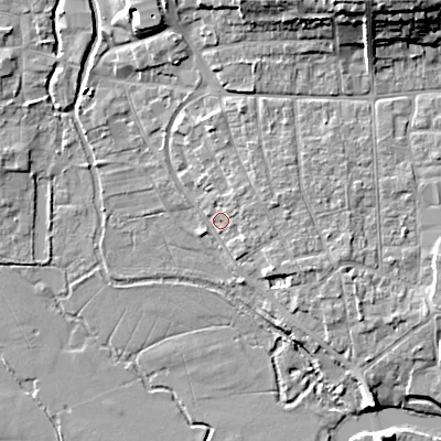 Shaded relief map of the ground around BH211QB, computed from Environment Agency LiDAR. The ground here sits at about 18 m above sea level and falls 14 m across the surrounding 800 m. Surface water reaching this point runs off ground lying to the north-east, 2.3 m higher.