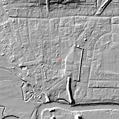 Shaded relief map of the ground around BH211QD, computed from Environment Agency LiDAR. The ground here sits at about 19 m above sea level and falls 10 m across the surrounding 800 m. Surface water reaching this point runs off ground lying to the south-west, 2.1 m higher.