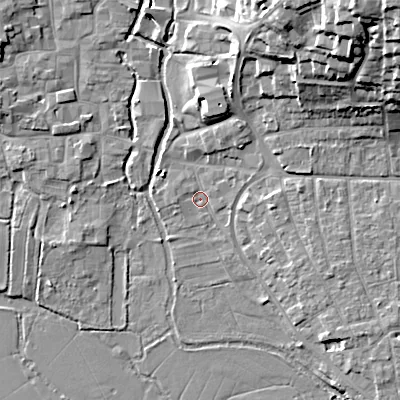 Shaded relief map of the ground around BH211QE, computed from Environment Agency LiDAR. The ground here sits at about 17 m above sea level and falls 26 m across the surrounding 800 m. Surface water reaching this point runs off ground lying to the north-east, 22.7 m higher.