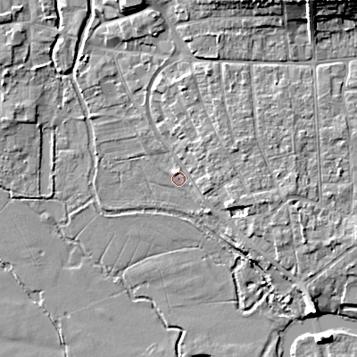 Shaded relief map of the ground around BH211QF, computed from Environment Agency LiDAR. The ground here sits at about 17 m above sea level and falls 11 m across the surrounding 800 m. Surface water reaching this point runs off ground lying to the north-east, 3.3 m higher.
