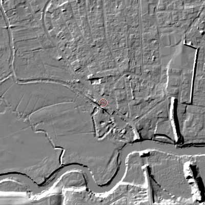 Shaded relief map of the ground around BH211QG, computed from Environment Agency LiDAR. The ground here sits at about 18 m above sea level and falls 11 m across the surrounding 800 m. Surface water reaching this point runs off ground lying to the north-north-east, 4.3 m higher.