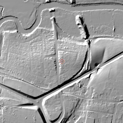 Shaded relief map of the ground around BH211QH, computed from Environment Agency LiDAR. The ground here sits at about 32 m above sea level and falls 30 m across the surrounding 800 m. Surface water reaching this point runs off ground lying to the south, 4.5 m higher.
