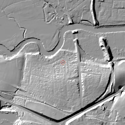 Shaded relief map of the ground around BH211QR, computed from Environment Agency LiDAR. The ground here sits at about 21 m above sea level and falls 26 m across the surrounding 800 m. Surface water reaching this point runs off ground lying to the south, 16.5 m higher.