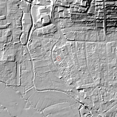 Shaded relief map of the ground around BH211QX, computed from Environment Agency LiDAR. The ground here sits at about 18 m above sea level and falls 27 m across the surrounding 800 m. Surface water reaching this point runs off ground lying to the north-north-east, 2.1 m higher.