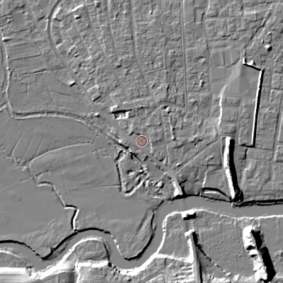 Shaded relief map of the ground around BH211QY, computed from Environment Agency LiDAR. The ground here sits at about 19 m above sea level and falls 11 m across the surrounding 800 m. Surface water reaching this point runs off ground lying to the north-north-east, 1.8 m higher.