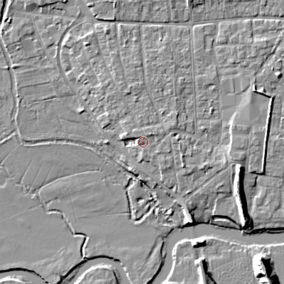 Shaded relief map of the ground around BH211RA, computed from Environment Agency LiDAR. The ground here sits at about 20 m above sea level and falls 10 m across the surrounding 800 m. Surface water reaching this point runs off ground lying to the north-east, 2.9 m higher.