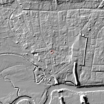 Shaded relief map of the ground around BH211RB, computed from Environment Agency LiDAR. The ground here sits at about 19 m above sea level and falls 10 m across the surrounding 800 m. Surface water reaching this point runs off ground lying to the north-west, 1.1 m higher.