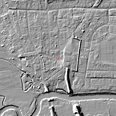 Shaded relief map of the ground around BH211RD, computed from Environment Agency LiDAR. The ground here sits at about 18 m above sea level and falls 10 m across the surrounding 800 m. Surface water reaching this point runs off ground lying to the south-east, 1.9 m higher.