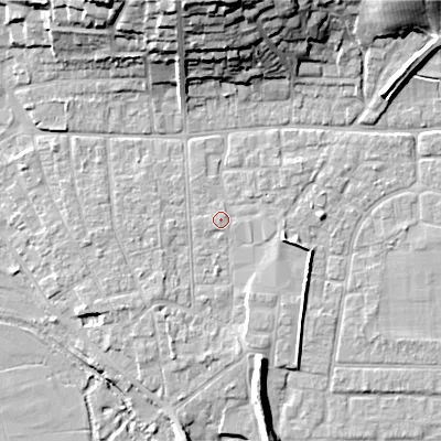 Shaded relief map of the ground around BH211RE, computed from Environment Agency LiDAR. The ground here sits at about 19 m above sea level and falls 22 m across the surrounding 800 m. Surface water reaching this point runs off ground lying to the south-south-west, 2.1 m higher.