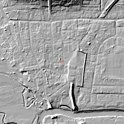 Shaded relief map of the ground around BH211RF, computed from Environment Agency LiDAR. The ground here sits at about 18 m above sea level and falls 11 m across the surrounding 800 m. Surface water reaching this point runs off ground lying to the south-west, 2.1 m higher.