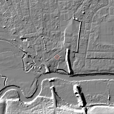 Shaded relief map of the ground around BH211RG, computed from Environment Agency LiDAR. The ground here sits at about 19 m above sea level and falls 12 m across the surrounding 800 m. Surface water reaching this point runs off ground lying to the north-east, 1.2 m higher.