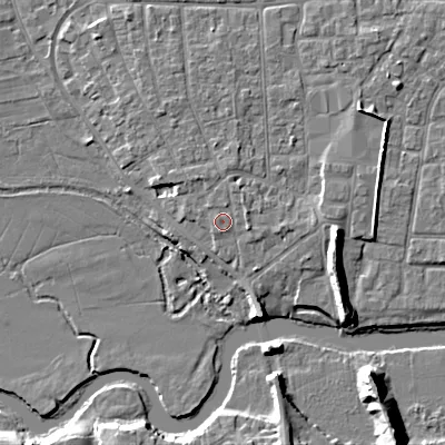 Shaded relief map of the ground around BH211RH, computed from Environment Agency LiDAR. The ground here sits at about 19 m above sea level and falls 11 m across the surrounding 800 m. Surface water reaching this point runs off ground lying to the east-north-east, 1.1 m higher.