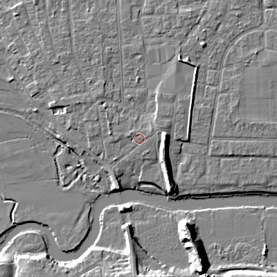 Shaded relief map of the ground around BH211RQ, computed from Environment Agency LiDAR. The ground here sits at about 19 m above sea level and falls 11 m across the surrounding 800 m. Surface water reaching this point runs off ground lying to the east-north-east, 1.0 m higher.