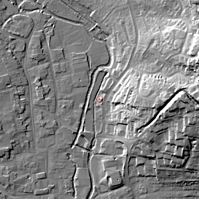 Shaded relief map of the ground around BH211UR, computed from Environment Agency LiDAR. The ground here sits at about 19 m above sea level and falls 36 m across the surrounding 800 m. Surface water reaching this point runs off ground lying to the east-north-east, 33.5 m higher.