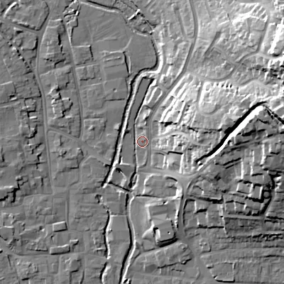 Shaded relief map of the ground around BH211UW, computed from Environment Agency LiDAR. The ground here sits at about 19 m above sea level and falls 36 m across the surrounding 800 m. Surface water reaching this point runs off ground lying to the east-north-east, 35.7 m higher.